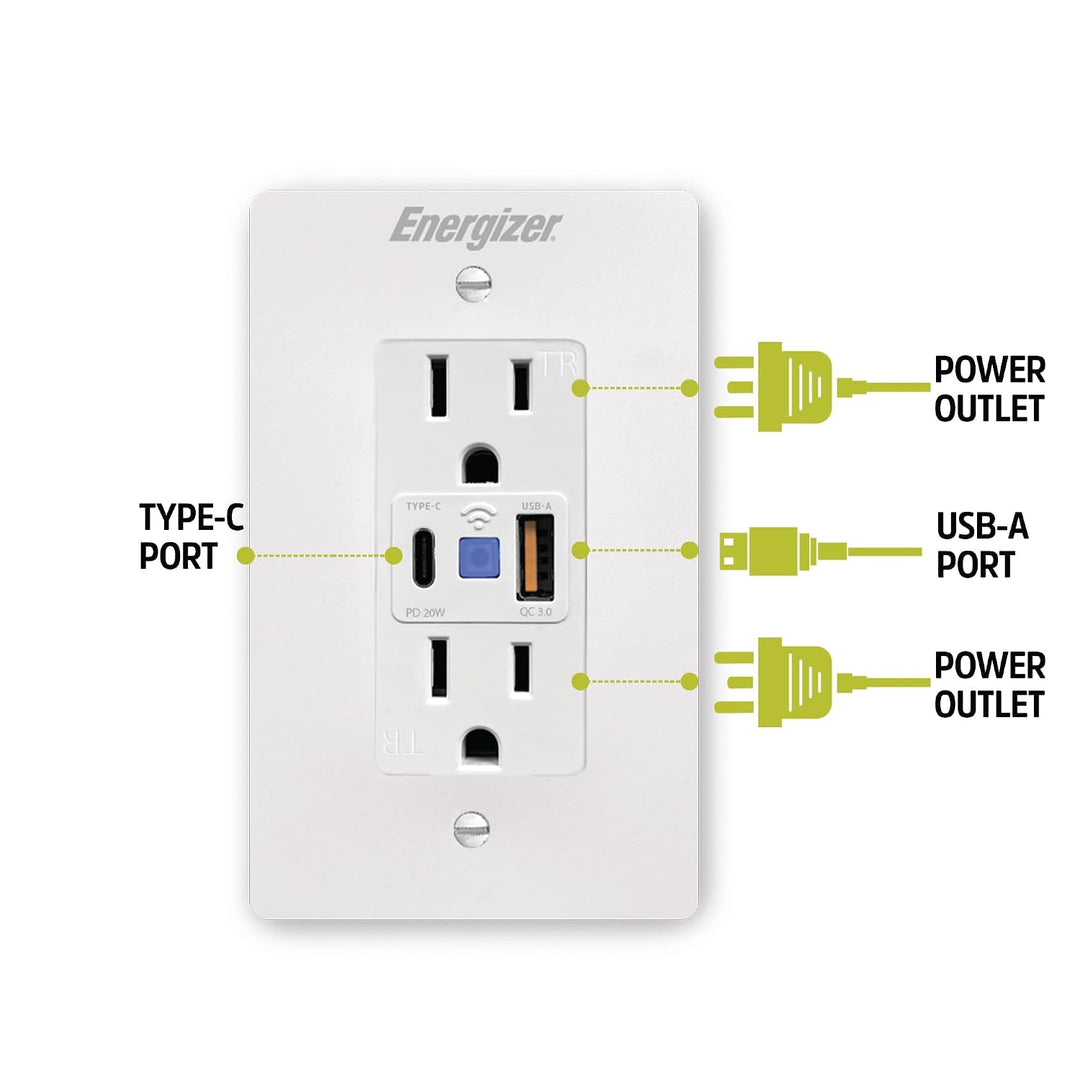 Energizer | Smart in-Wall Smart Plug 2 Outlet Controlled Outlets & USB C and USB A Ports 20W | EWO3-1005-WHT