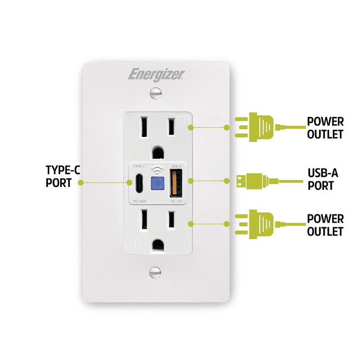 Energizer | Smart in-Wall Smart Plug 2 Outlet Controlled Outlets & USB C and USB A Ports 20W | EWO3-1005-WHT
