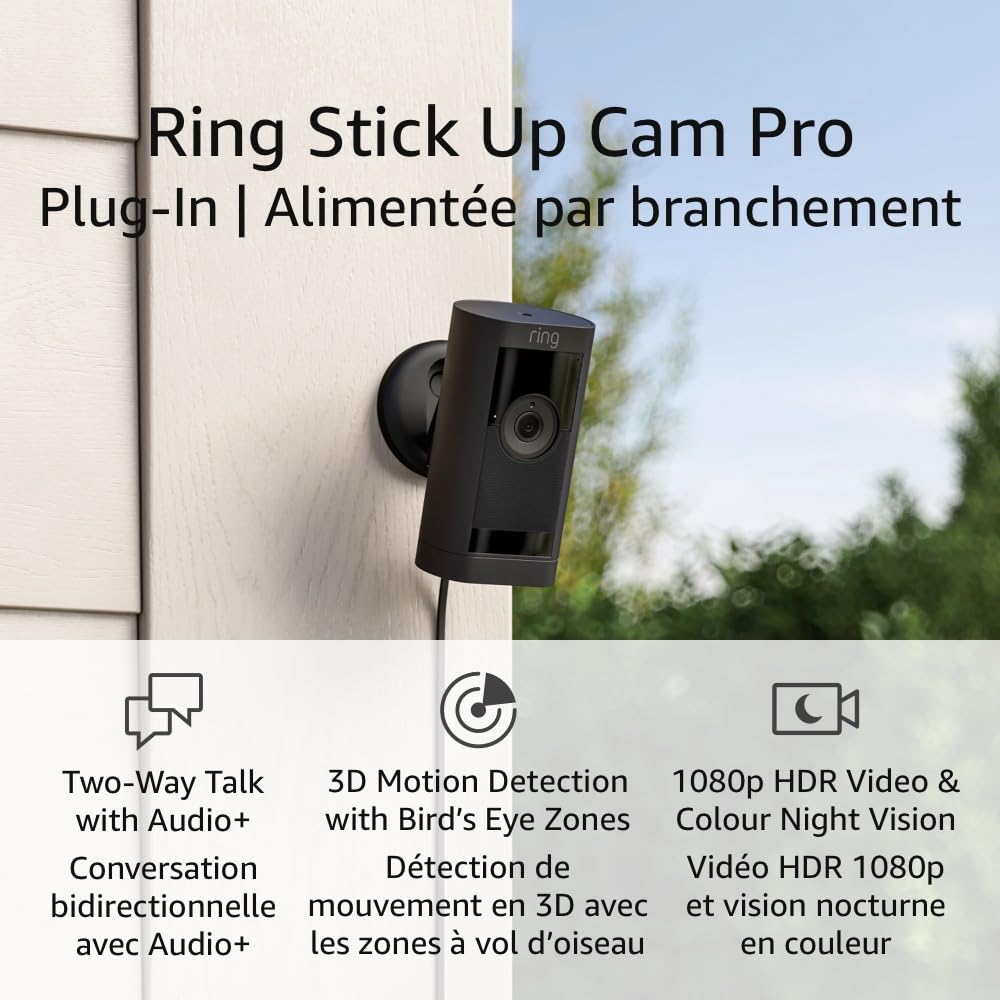Ring | Stick Up Cam Pro Plug-In Indoor/Outdoor 1080p Full HD Security Camera with Colour Night Vision - Black | B09CKCG1HD