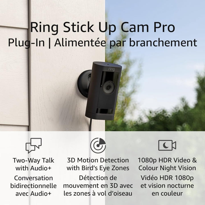 Ring | Stick Up Cam Pro Plug-In Indoor/Outdoor 1080p Full HD Security Camera with Colour Night Vision - Black | B09CKCG1HD