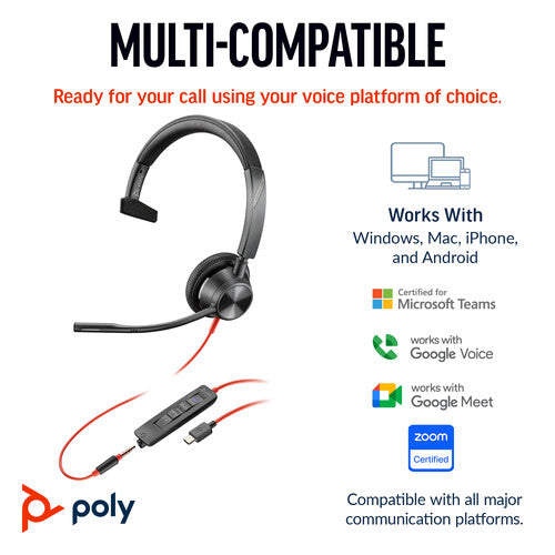 Poly | Blackwire 3315 Monaural Microsoft Teams Certified USB-C Headset + 3.5mm Plug + USB-C/A Adapter | 8X218AA