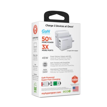 HyperGear | Wall Charger Travel Hub 45W Tri-Port Dual USB-C + Single USB-A - White | 16238HIT