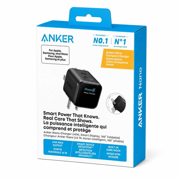 Anker | Wall Charger USB-C with Smart Display and Foldable Prongs 45W - Black | A121DJ115