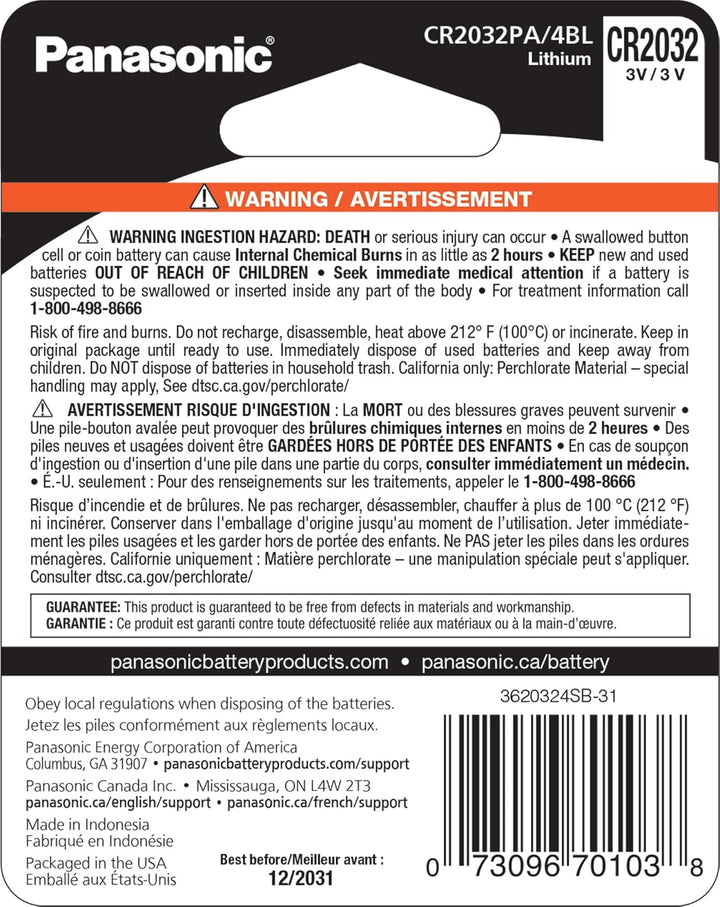 Panasonic | Lithium Coin Batteries 4 Pack | CR2032PA4BL