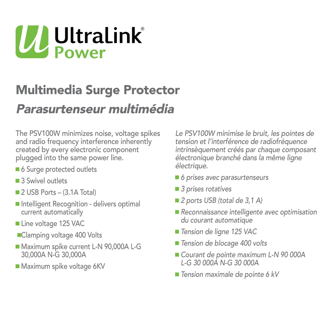 Ultralink | Surge Protector 6 Outlet 2 USB 3.1A - Black | PSV100