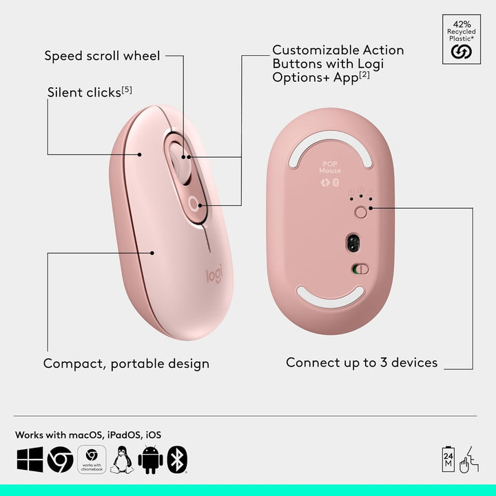 Logitech | POP ICON COMBO Compact TKL Bluetooth Keyboard and Mouse Bundle with Programmable Quiet Keys and Buttons - Rose & Off-White |920-013105