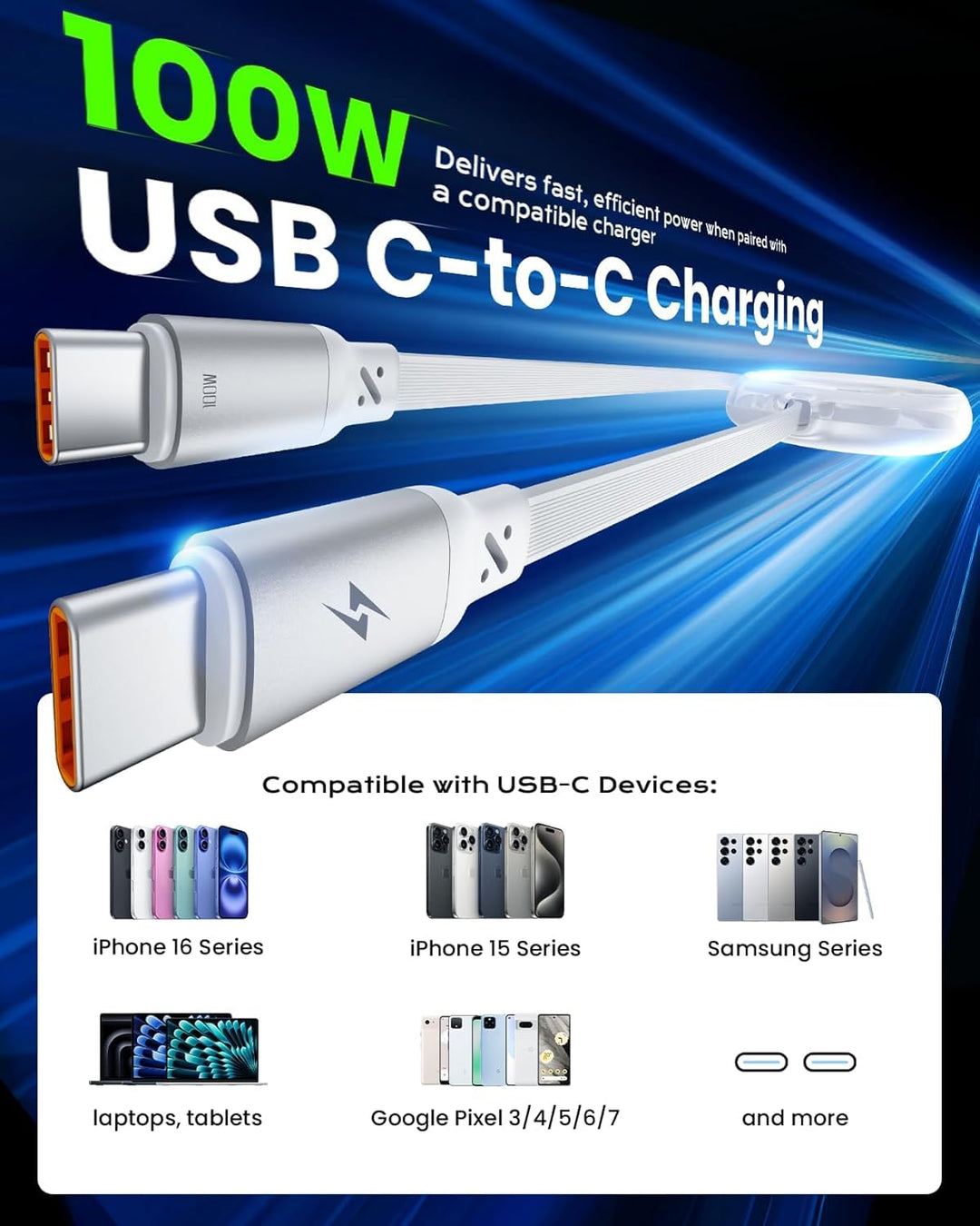 iOttie | Retractable Cable 100W USB-C to USB-C (set of 2) 3ft - White | IOTACC610