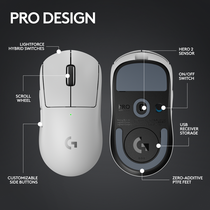 Logitech | G PRO X Superlight 2 44000 DPI 8K Polling Wireless HERO 2 Sensor 60g Pro-Grade Mouse - White | 910-006636