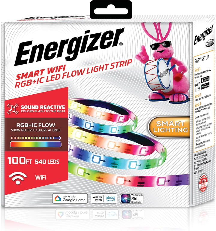 Energizer | Smart RGB+IC LED Light Strip, 100 Foot Indoor Wi-Fi Color Flow LED Light Strip, Sound Reactive, Remote Access, Voice Control with Alexa Siri, Google, Grouping, Scheduling | EIS2-1005-RGB