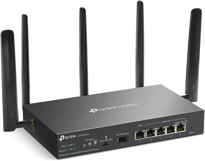 TP-LINK | Omada 4G+ Cat6 AX3000 Gigabit VPN Router PORT: 1 Gigabit SFP | ER706W-4G