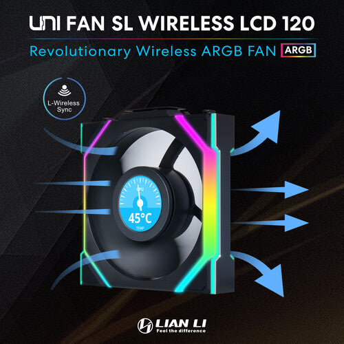 Lian-Li | UNI FAN SL Wireless LCD ARGB Case Fan 120mm 3 Pack - Black | 12SLLCD1W3B