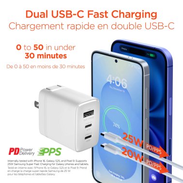 HyperGear | Wall Charger Travel Hub 45W Tri-Port Dual USB-C + Single USB-A - White | 16238HIT