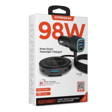 HyperGear | Road Runner PD PPS 5-Port Front + Backseat Fast Car Charger 98W - Black | 16352