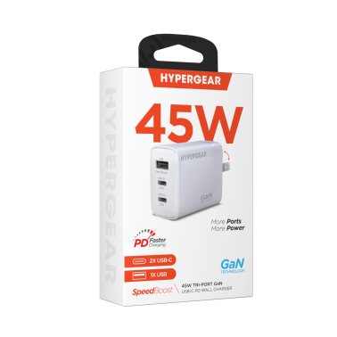 HyperGear | Wall Charger Travel Hub 45W Tri-Port Dual USB-C + Single USB-A - White | 16238HIT