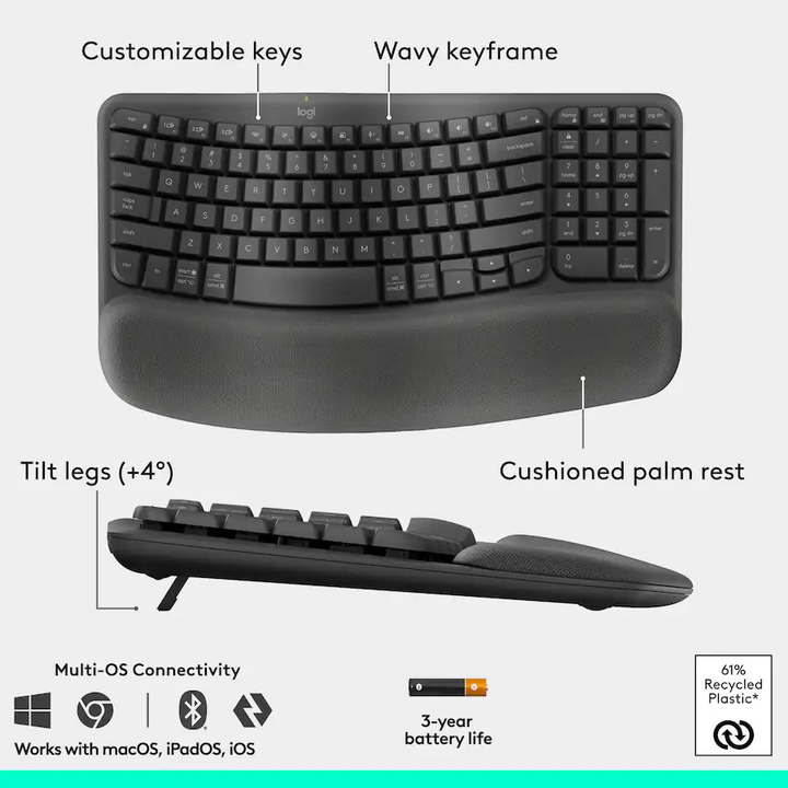 Logitech | Wave Keys and Lift Vertical Mouse Wireless Ergonomic Keyboard and Mouse Bundle with Cushioned Palm Rest - Graphite | 920-013610