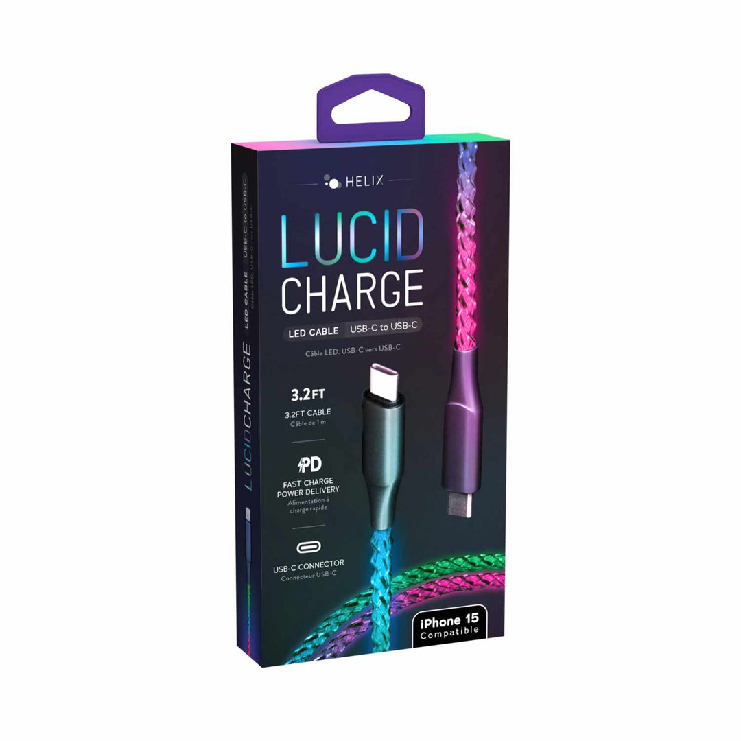 Helix/Retrak | Lucid Charge LED USB-C to USB-C 60W Cable - Multi-Color 3.3FT | 107-1776