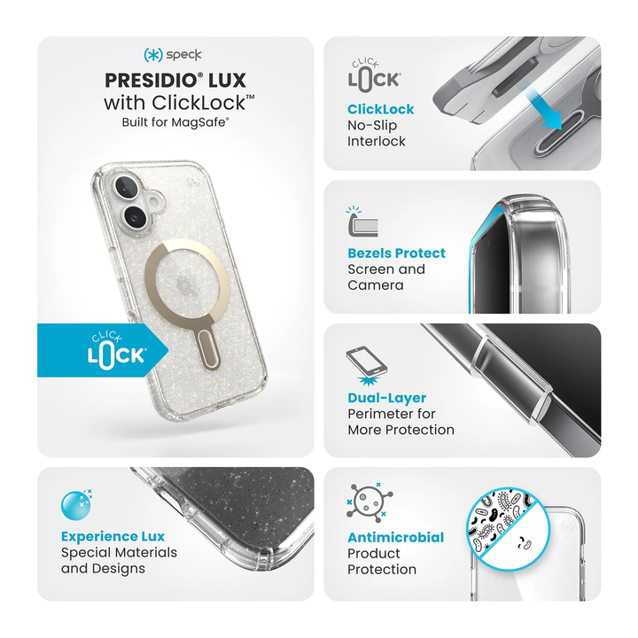 Speck Presidio Lux Grip MagSafe with ClickLock Apple iPhone 16 - Clear/Gold Glitter | 150694-9221