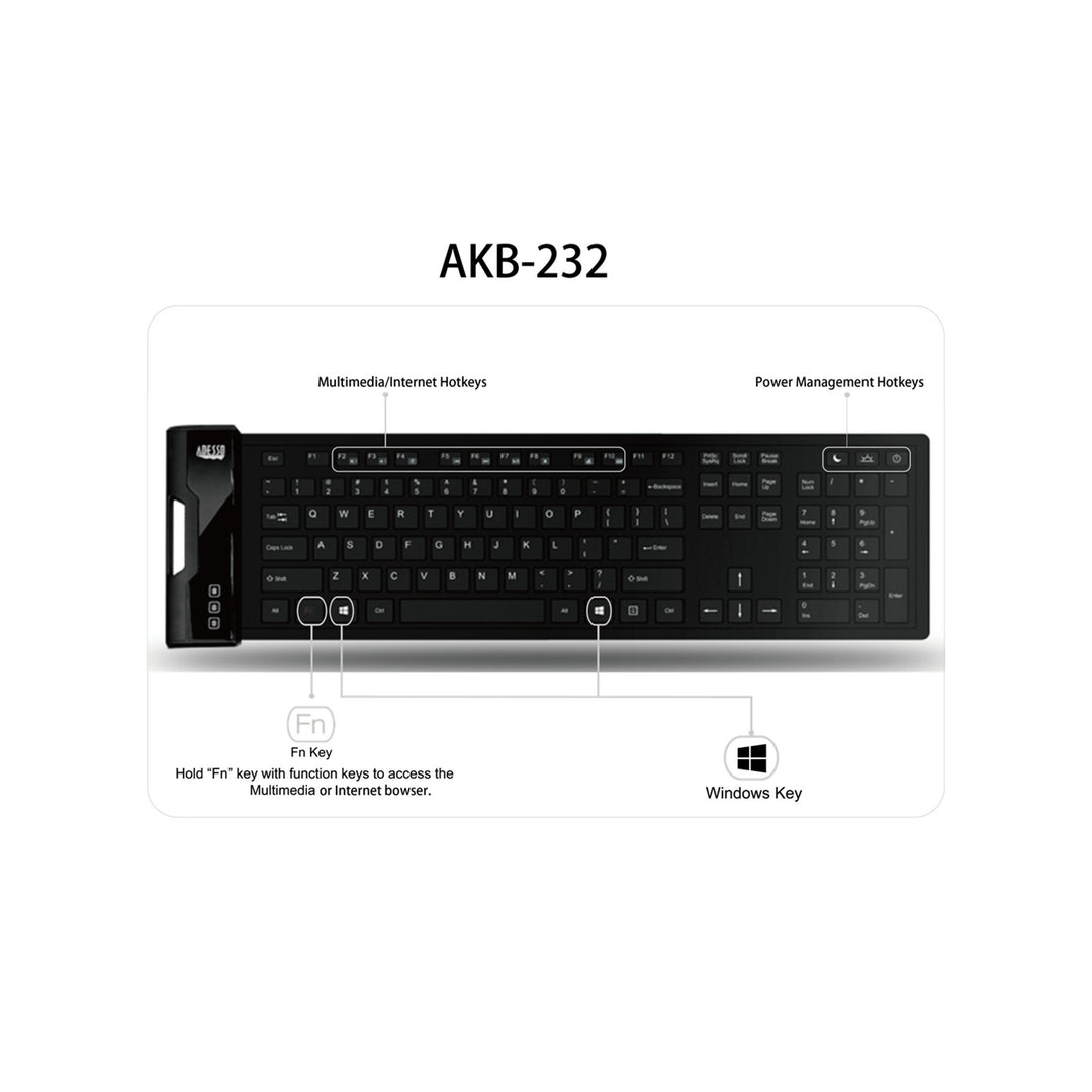 Adesso | 120-Keys Antimicrobial Waterproof Flexible Keyboard - Black | AKB-232UB