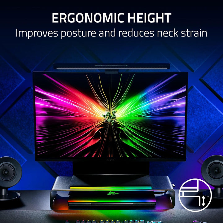 Razer | Monitor Stand Chroma: 4 Port Hub USB A 3.2, USB C 3.2, HDMI 2.0 Ergonomic Height - Black | RC21-02320100-R3U1
