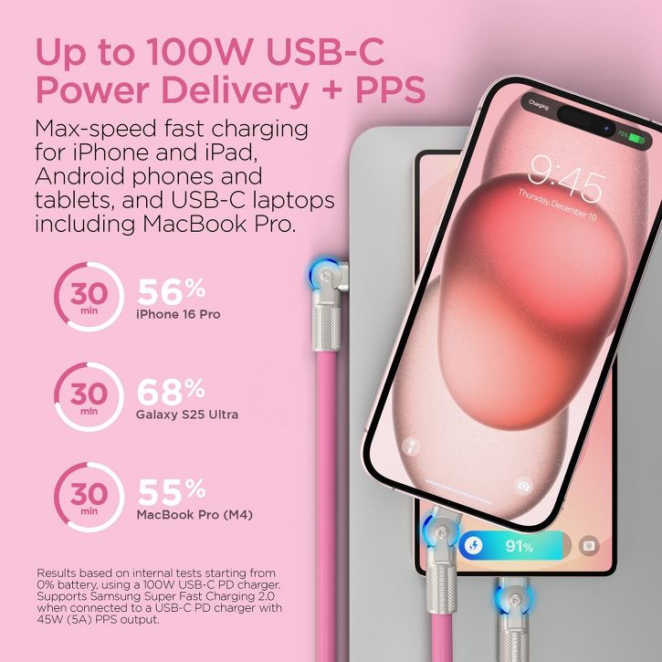 HyperGear | Rugged Cable w/Rotating Connectors USB-C to USB-C Chunky 180  12 ft. 360cm 100W - Pink |  16343