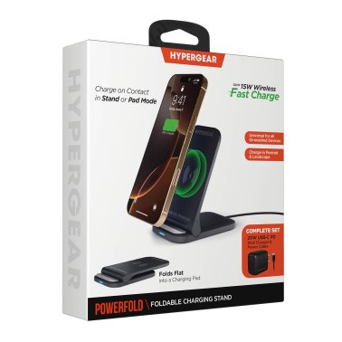 HyperGear | Fast Charge Foldable Wireless Charger Desktop Stand w/ Wall Charger 15W - Black | 16458