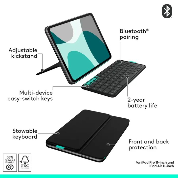 Logitech | Flip Folio Keyboard Case for iPad Pro 11" 5th Gen M4 (2024)/Air 11" (M2/M3)/iPad Air (5th Gen) - Graphite | 920-013369