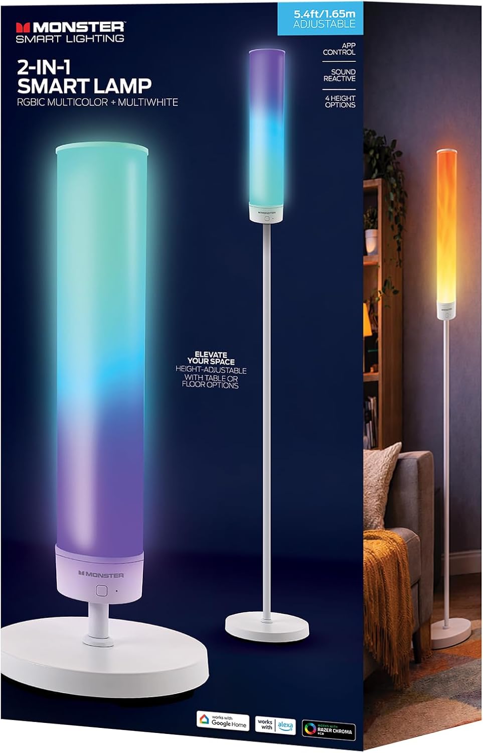 Monster | Adjustable Smart Floor Lamp, Multicolor LED Floor & Table Lamp with App & Voice Control, Music Sync, Dimmable Ambient Lighting for Bedroom, Gaming Room & Living Room |  MNW7-2020-ICW