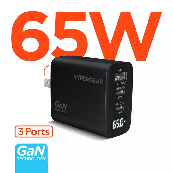 HyperGear | Multi Port Dual USB-C + Single USB-A Wall Charger Travel Hub w/ LCD Screen 65W - Black | 16299HIT
