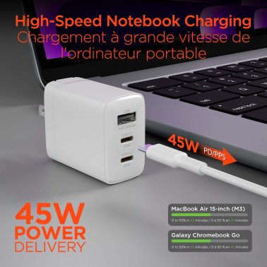 HyperGear | Wall Charger Travel Hub 45W Tri-Port Dual USB-C + Single USB-A - White | 16238HIT
