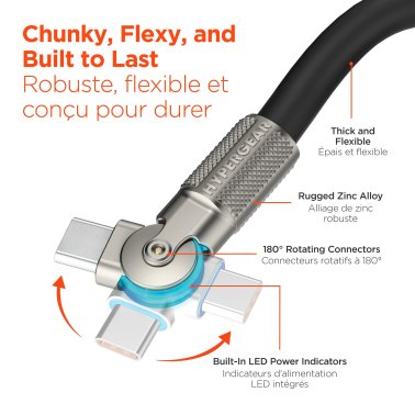 HyperGear | Rugged Cable w/Rotating Connectors USB-C to USB-C Chunky 180 6FT 180cm 100W - Black | 16223