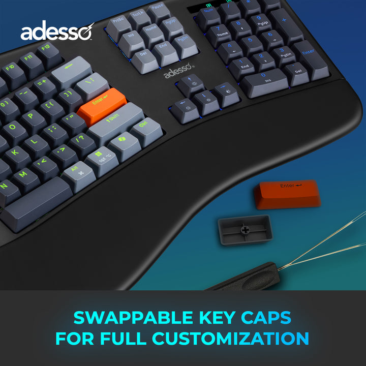 Adesso | EasyTouch 1500 Ergonomic Multi-OS Illuminated Mechanical VIA Keyboard With CoPilot Ai Hotkey Wired/Wireless/Bluetooth | EasyTouch 1500