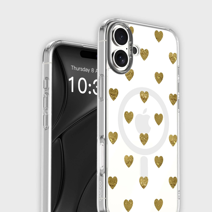 Caseco | Gold Plum Hearts iPhone 16 - Clear / Gold | ED24C8-GPH