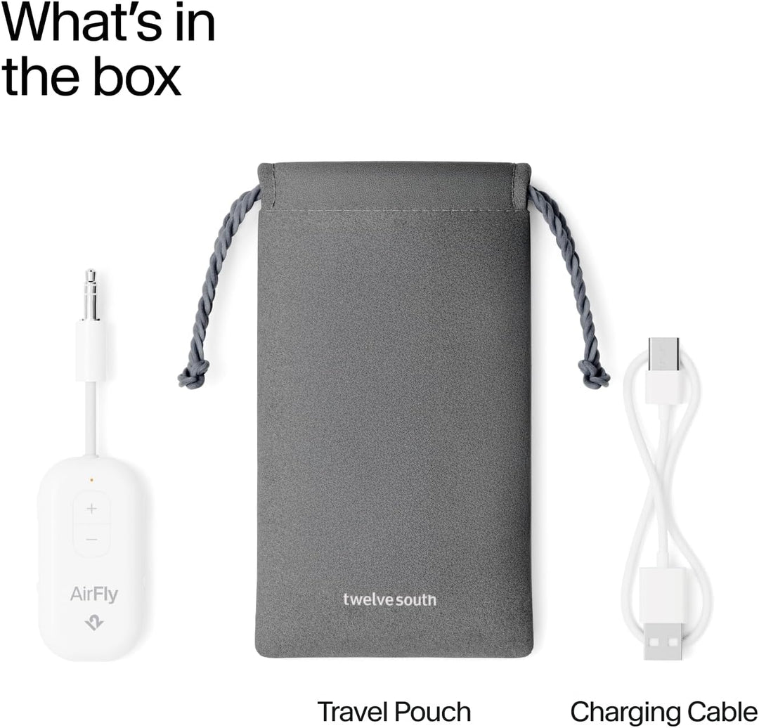 Twelve South | AirFly Pro 2 Bluetooth Adapter for Airplane Pair 2 AirPods or Wireless Headphones - White | TS-12-2411