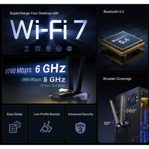 Tp-Link | Tri-Band Wi-Fi 7 Bluetooth PCI Express Adapter SPEED: 5760 Mbps at 6 GHz | ARCHER TBE552E