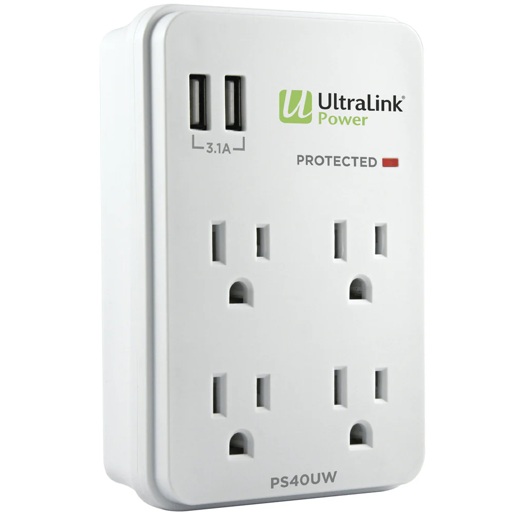 UltraLink Power | 4 Outlet 2 USB 3.1A Wall Multimedia Surge Protector - White | PS40UW