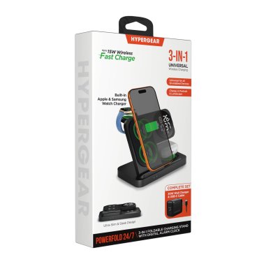 Hypergear |  Foldable Wireless Charging Stand w/Digital Alarm Clock 15W Powerfold 24/7 3in1 - Black | 16498