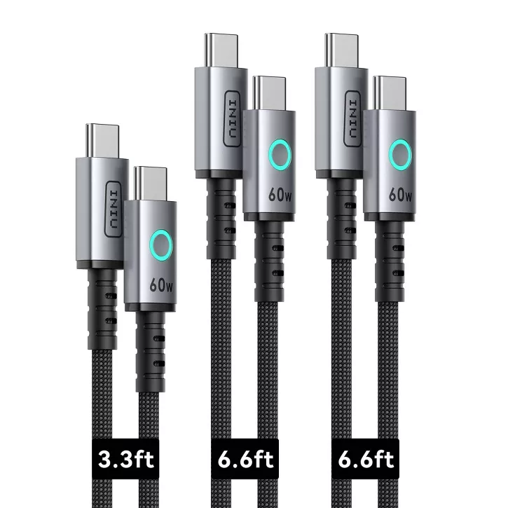 INIU | USB C to USB C Cable 3-pack Fast Charging Cable for iPhone 17/16/15 Samsung Laptops Tablets etc. (3.3/6.6/6.6ft) 60W - Black | C13-3PB