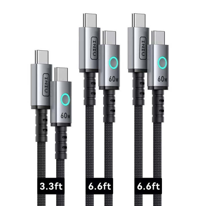 INIU | USB C to USB C Cable 3-pack Fast Charging Cable for iPhone 17/16/15 Samsung Laptops Tablets etc. (3.3/6.6/6.6ft) 60W - Black | C13-3PB