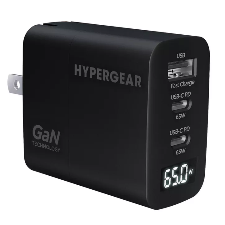HyperGear | Multi Port Dual USB-C + Single USB-A Wall Charger Travel Hub w/ LCD Screen 65W - Black | 16299HIT