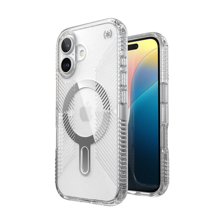 Speck | Presidio Perfect-Clear Grip MagSafe with ClickLock Apple iPhone 16 - Clear/Chrome | 150692-3199