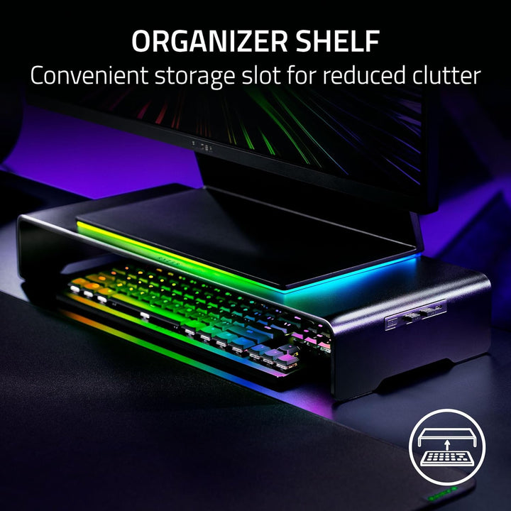 Razer | Monitor Stand Chroma: 4 Port Hub USB A 3.2, USB C 3.2, HDMI 2.0 Ergonomic Height - Black | RC21-02320100-R3U1