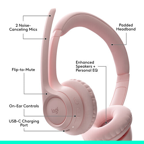 Logitech | Zone 300 Wireless Bluetooth On-ear Headset With Noise-Canceling Microphone - Rose | 981-001411