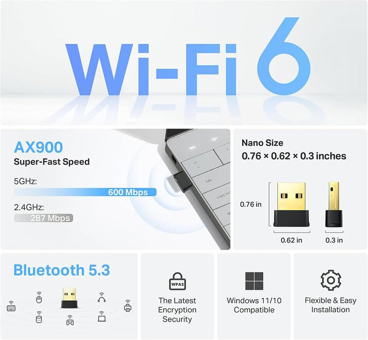 TP-Link | AX900 Nano Dual Band Wi-Fi 6 Bluetooth 5.3 USB-A Adapter 600 Mbps at 5 GHz + 287 Mbps at 2.4 GHz |  ARCHER TX10UB NANO