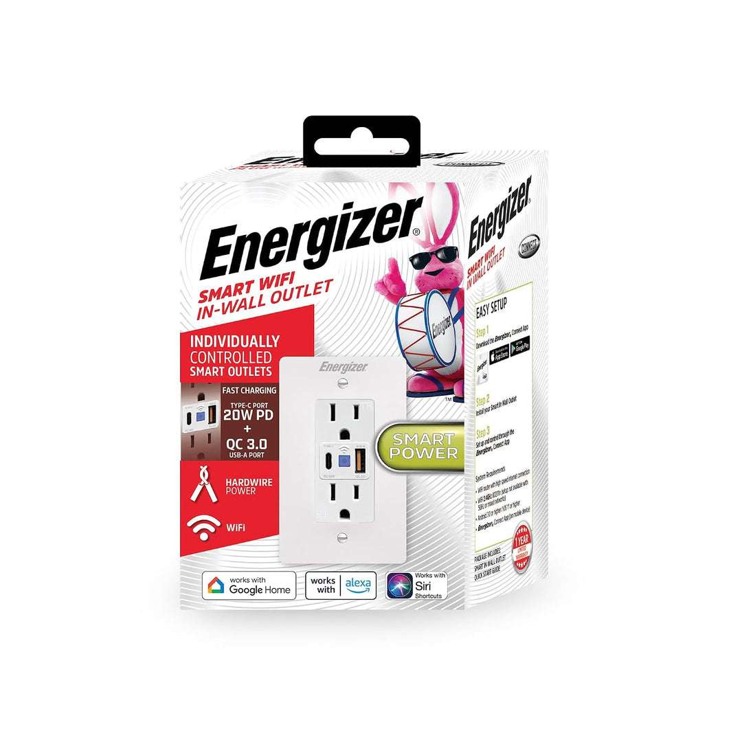 Energizer | Smart in-Wall Smart Plug 2 Outlet Controlled Outlets & USB C and USB A Ports 20W | EWO3-1005-WHT