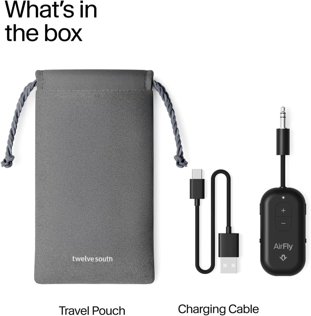 Twelve South | AirFly Pro 2 Bluetooth Adapter for Airplane Pair 2 AirPods or Wireless Headphones - Black | TS-12-2511