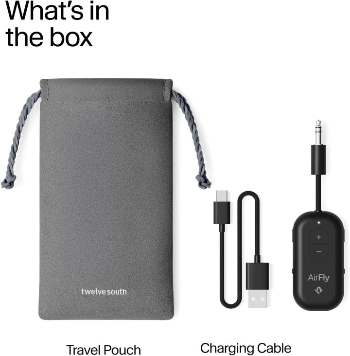 Twelve South | AirFly Pro 2 Bluetooth Adapter for Airplane Pair 2 AirPods or Wireless Headphones - Black | TS-12-2511