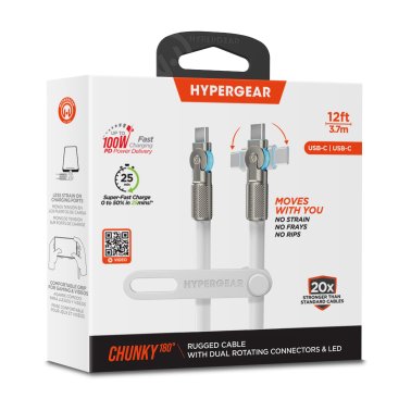 HyperGear | Rugged Cable w/Rotating Connectors USB-C to USB-C Chunky 180W 12FT 360cm - White | 16226