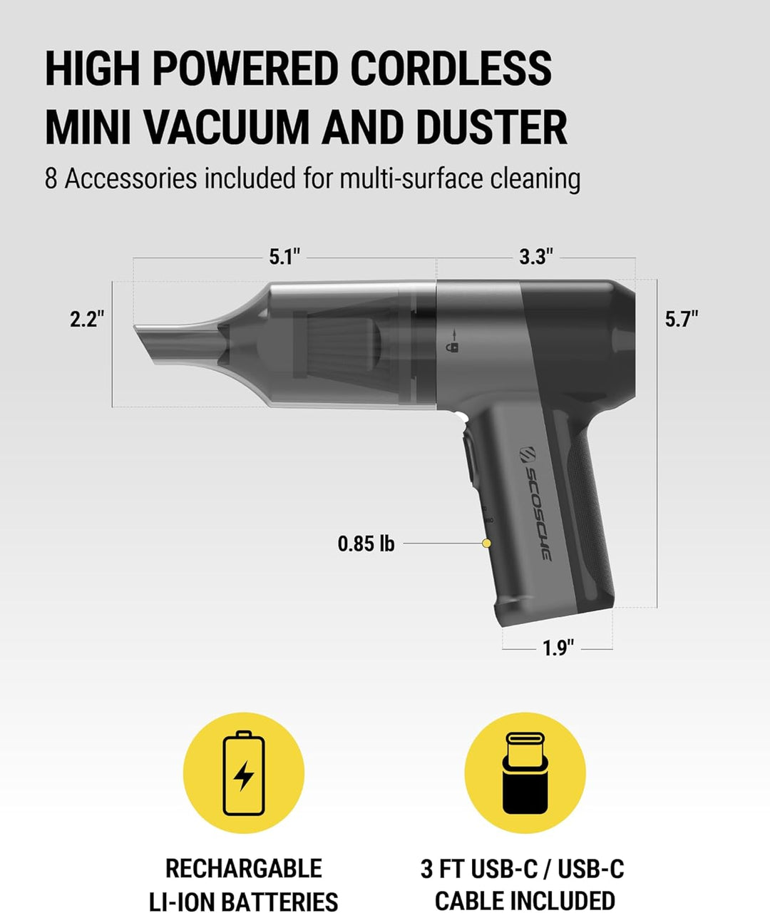 Scosche | SCOVAC 4-in-1 Mini Vacuum and Duster - Black | SC-SCOVAC-VA