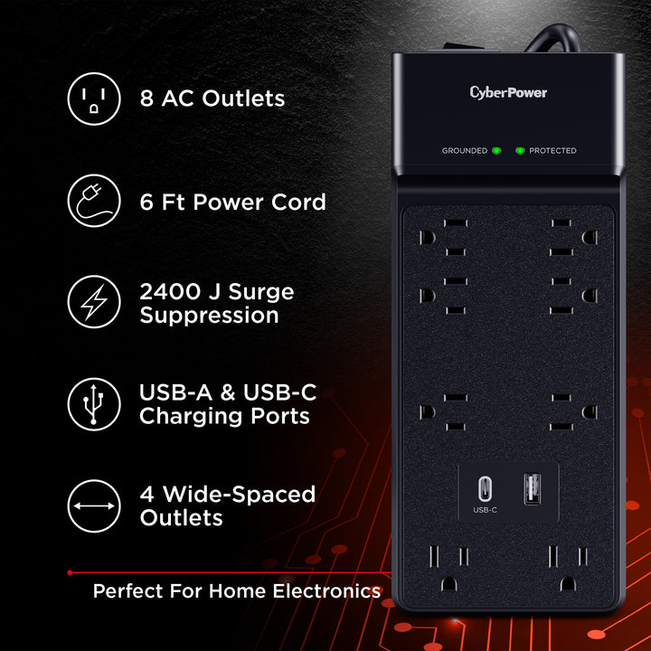 CyberPower | Surge Protector NEMA 5-15P Input - 8 - NEMA 5-15R 1 Type A, 1 Type C Output - Black | CSP806UC18
