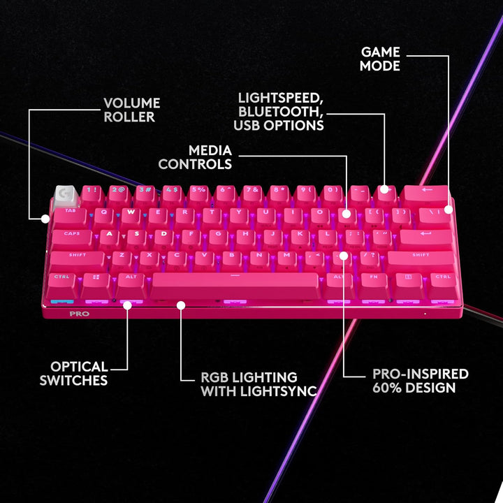 Logitech | PRO X 60 LIGHTSPEED Wireless Backlit Mechanical GX Optical Tactile Gaming Keyboard - Magenta | 920-011940